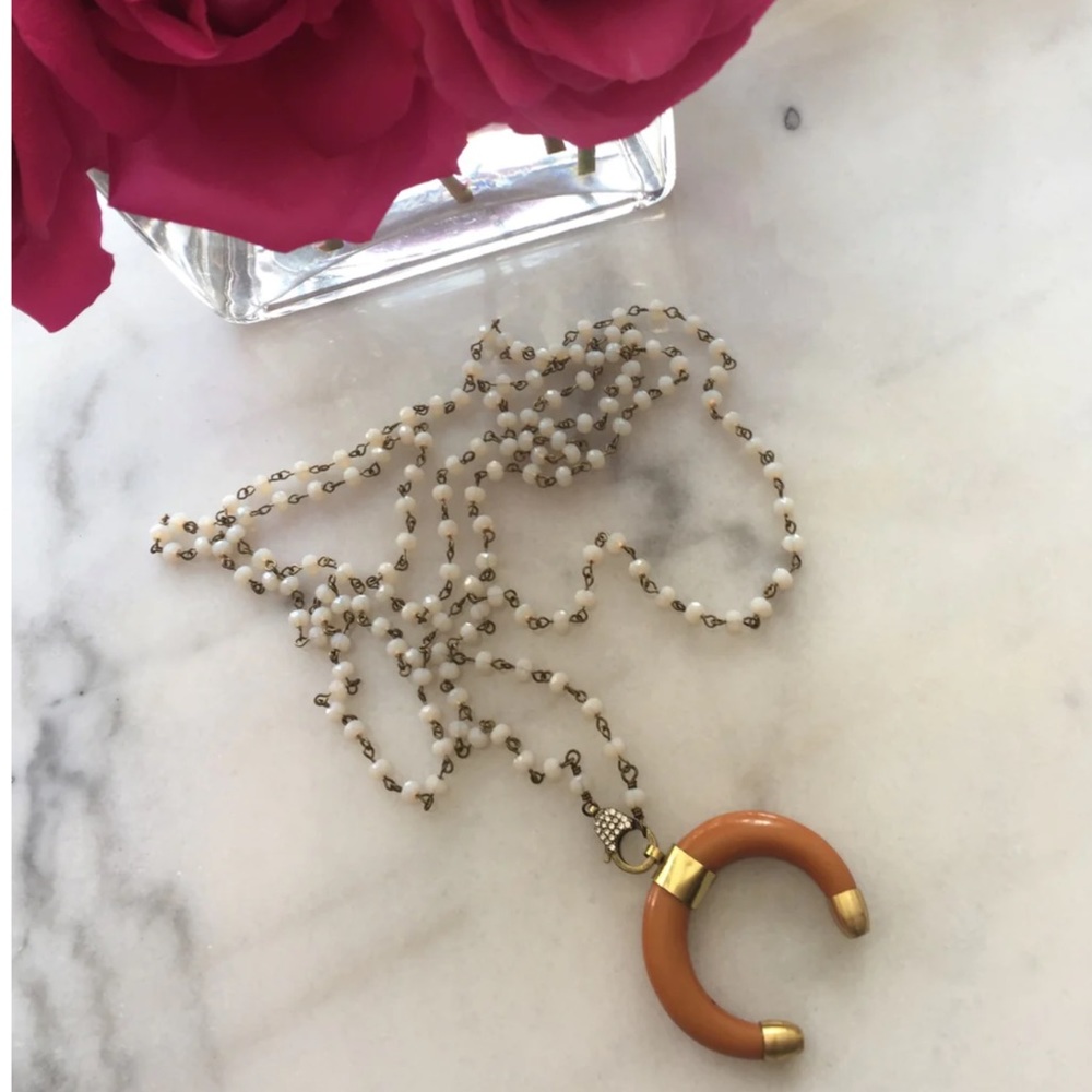 Snow White Crystal and Tan Crescent Moon Necklace